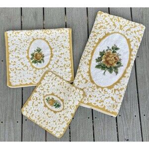 Vtg 60’s Cannon Royal Family Yellow Floral Bath Towels 3pc Set Retro MCM Cottage